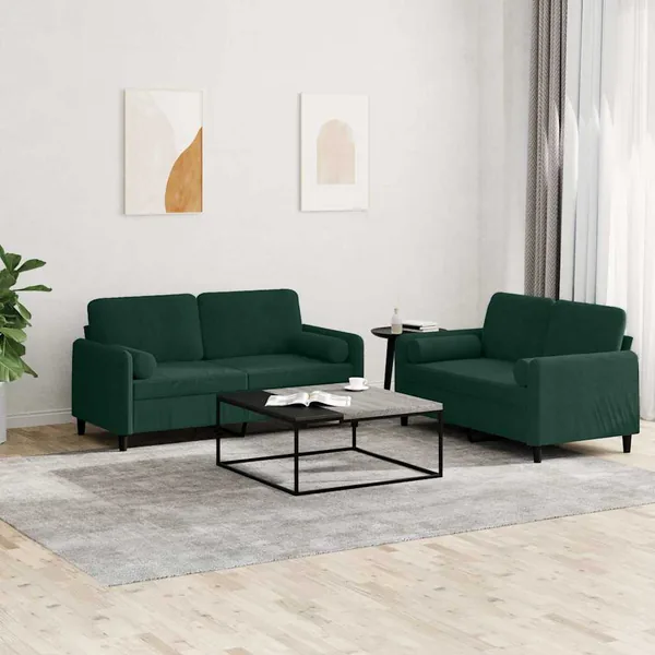 Ensemble de canapés 2 pcs avec coussins vert foncé velours