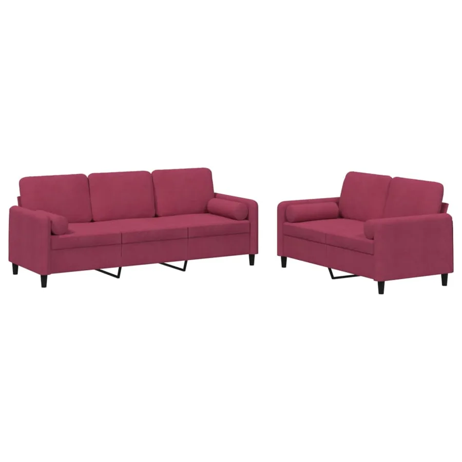 Ensemble de canapés 2 pcs avec coussins rouge bordeaux velours - 2