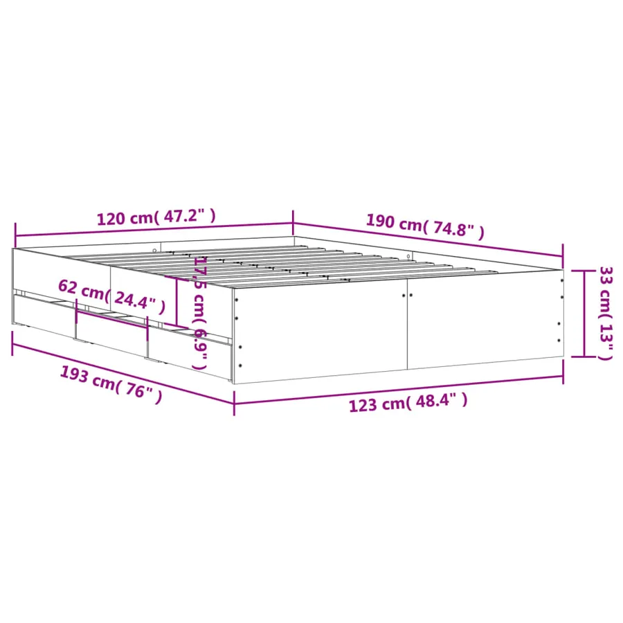 Cadre de lit avec tiroirs sans matelas blanc 120x190 cm - 11