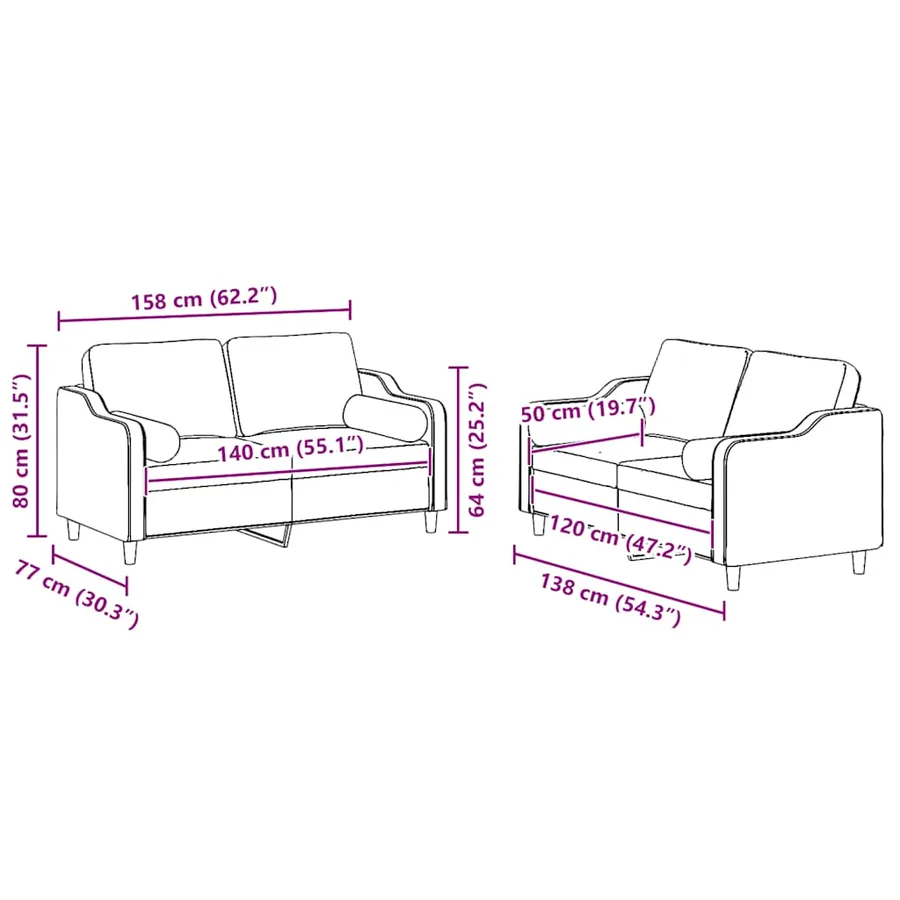 Ensemble de canapés 2 pcs avec coussins rouge bordeaux tissu - 8