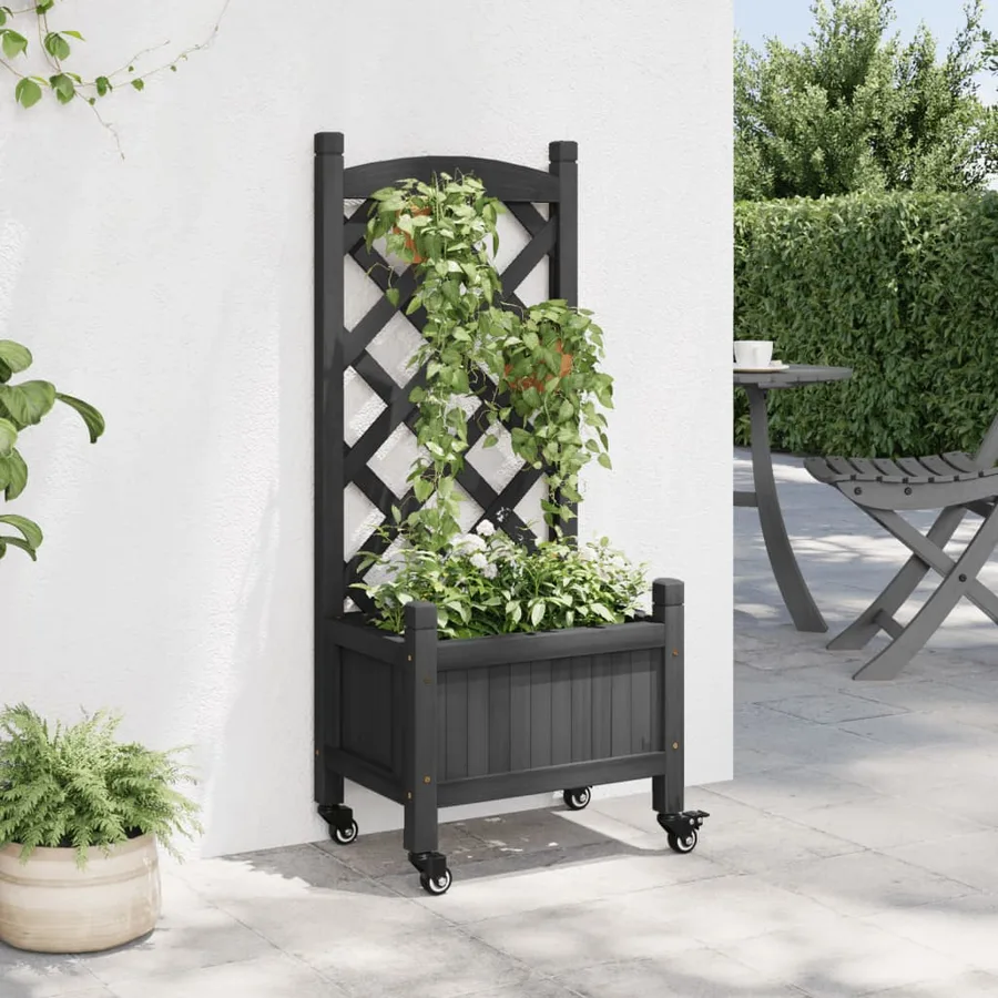 Jardinière avec treillis et roues gris bois massif de sapin - 3