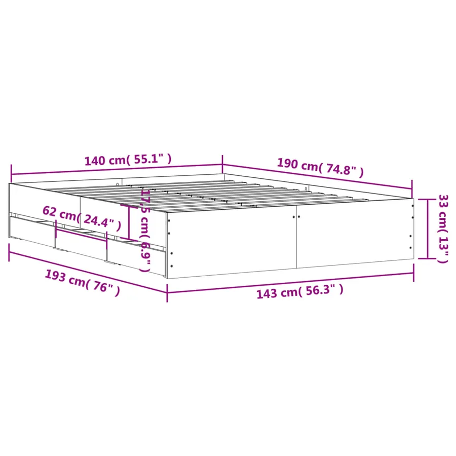 Cadre de lit avec tiroirs sans matelas chêne sonoma 140x190 cm - 11