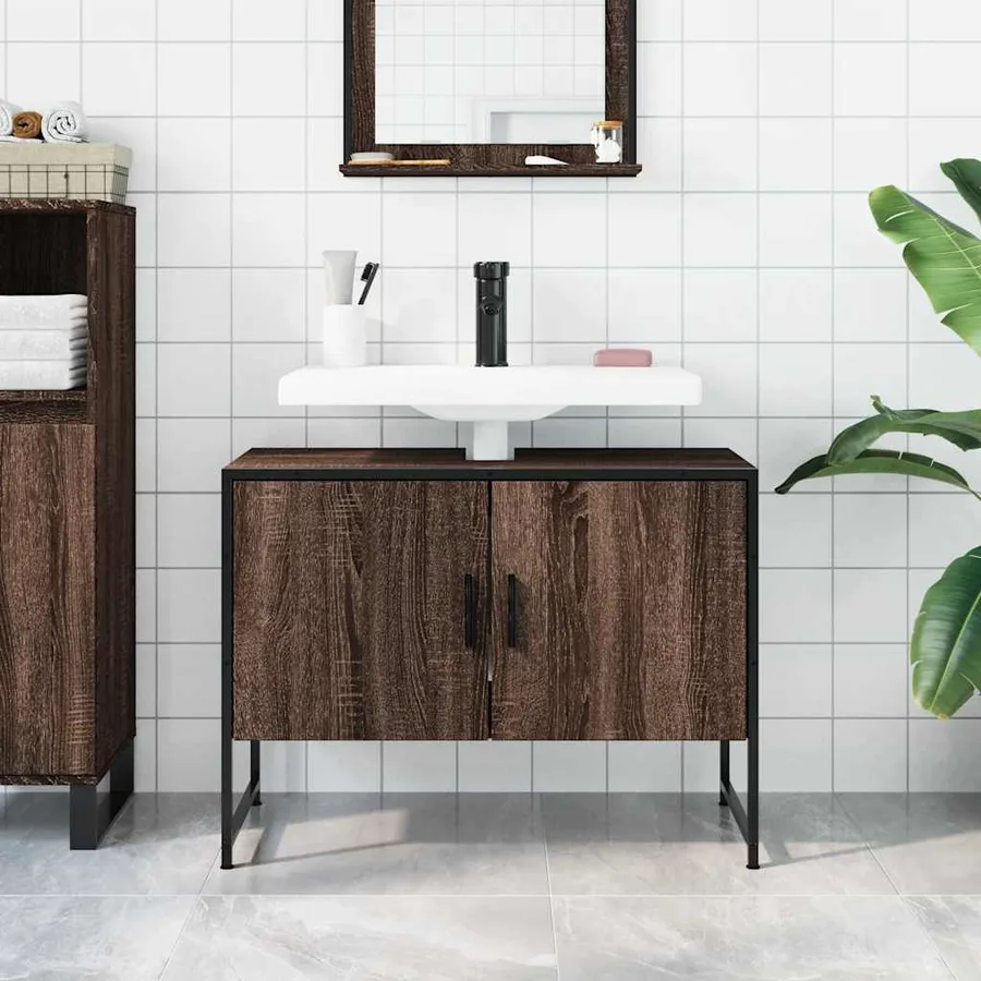 Armoire lavabo de salle de bain chêne marron bois d'ingénierie - 3