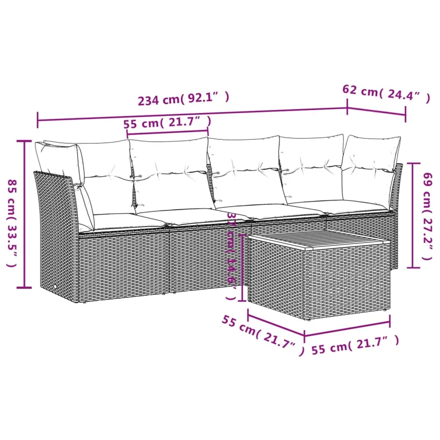 Salon de jardin 5 pcs avec coussins gris résine tressée - 3