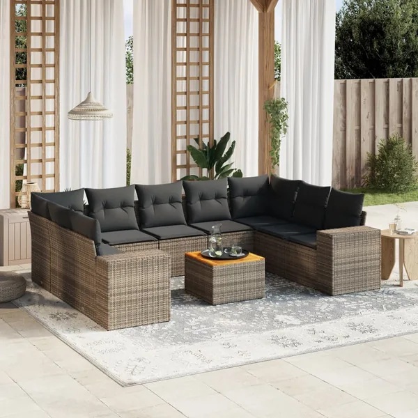 Salon de jardin avec coussins 10 pcs gris résine tressée