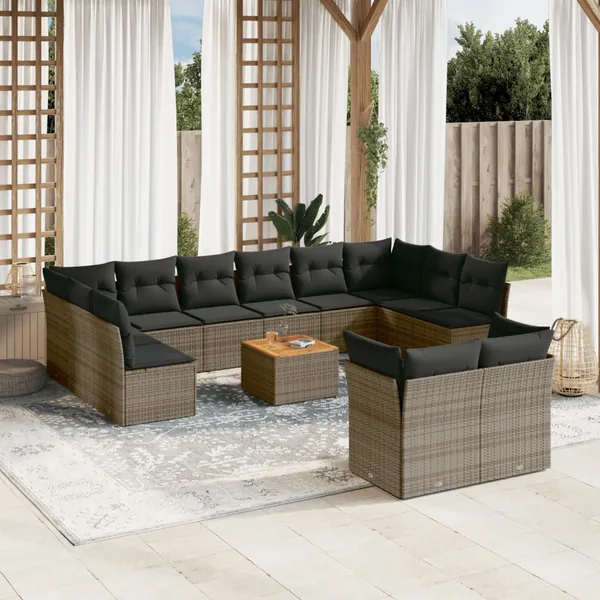 Salon de jardin avec coussins 13 pcs gris résine tressée