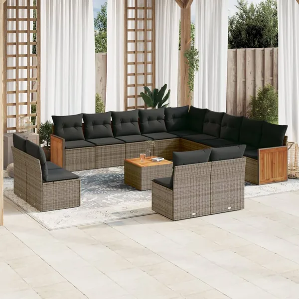 Salon de jardin avec coussins 14 pcs gris résine tressée