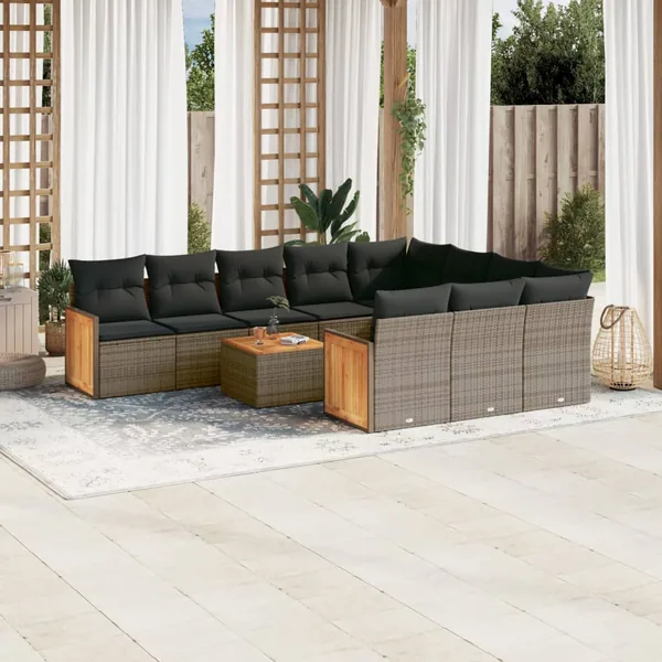 Salon de jardin 11 pcs avec coussins gris résine tressée
