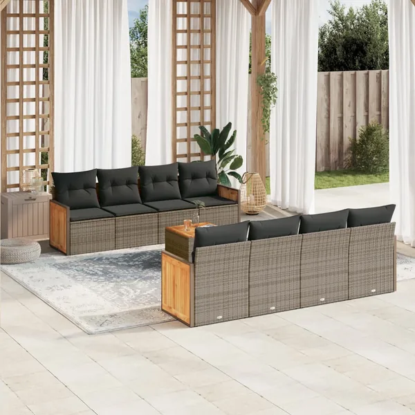 Salon de jardin 9 pcs avec coussins gris résine tressée