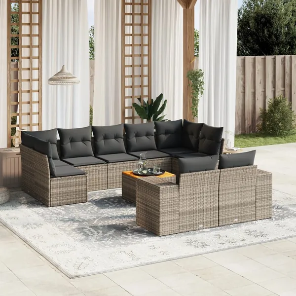 Salon de jardin avec coussins 10 pcs gris résine tressée
