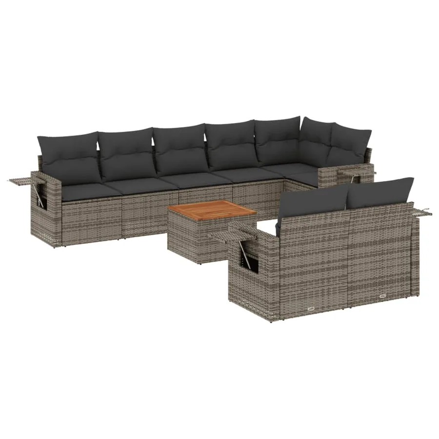Salon de jardin 9 pcs avec coussins gris résine tressée - 2