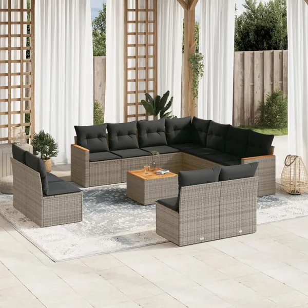 Salon de jardin avec coussins 12 pcs gris résine tressée