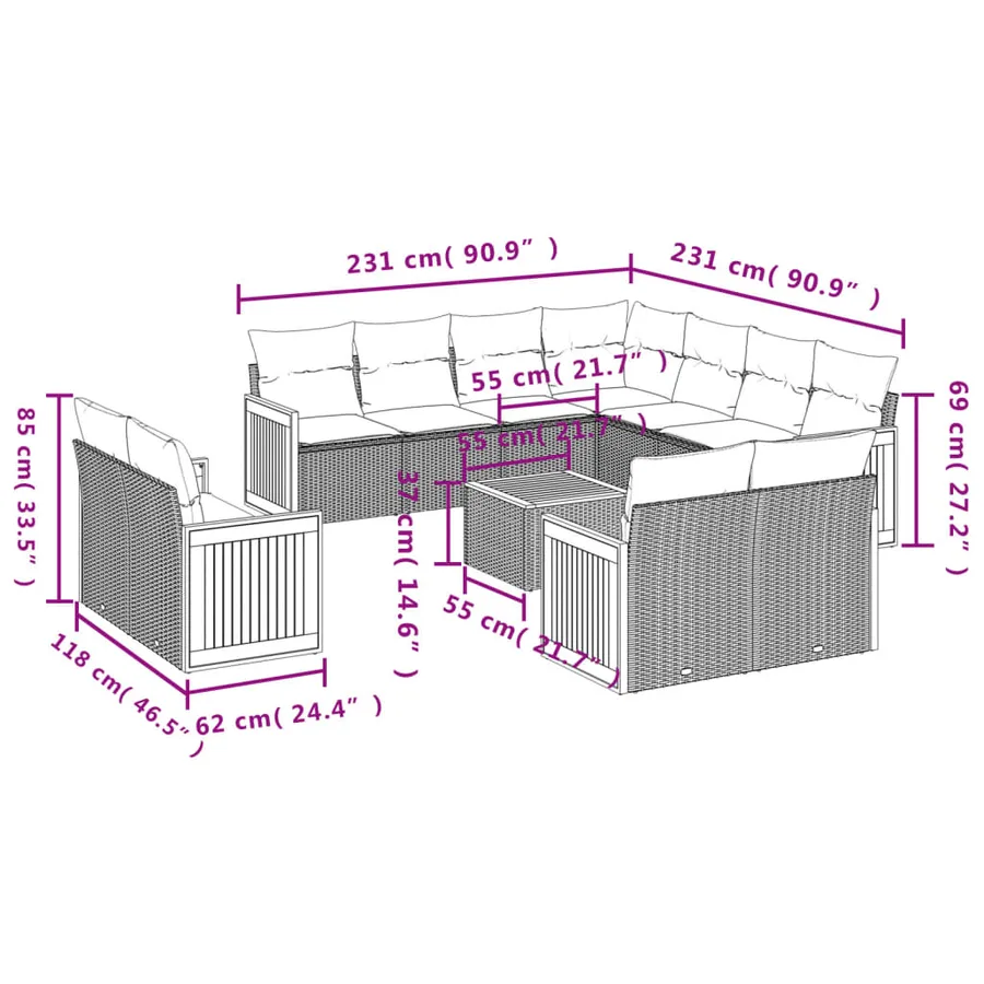 Salon de jardin avec coussins 12 pcs gris résine tressée - 8