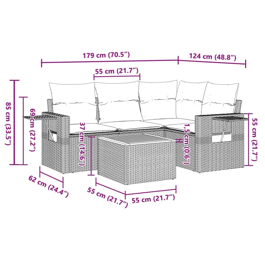 Salon de jardin 5 pcs avec coussins gris résine tressée - 9