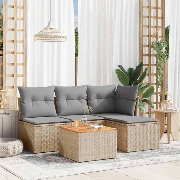 Salon de jardin avec coussins 5pcs mélange beige résine tressée