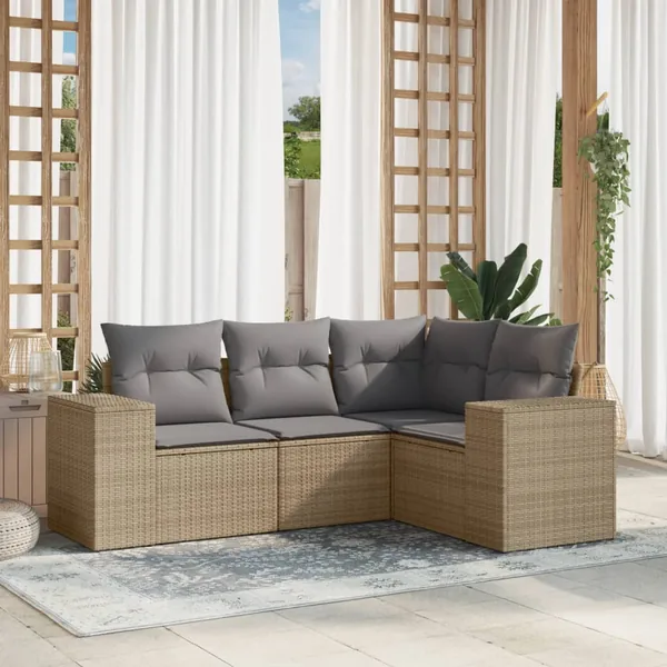 Salon de jardin avec coussins 4 pcs beige résine tressée