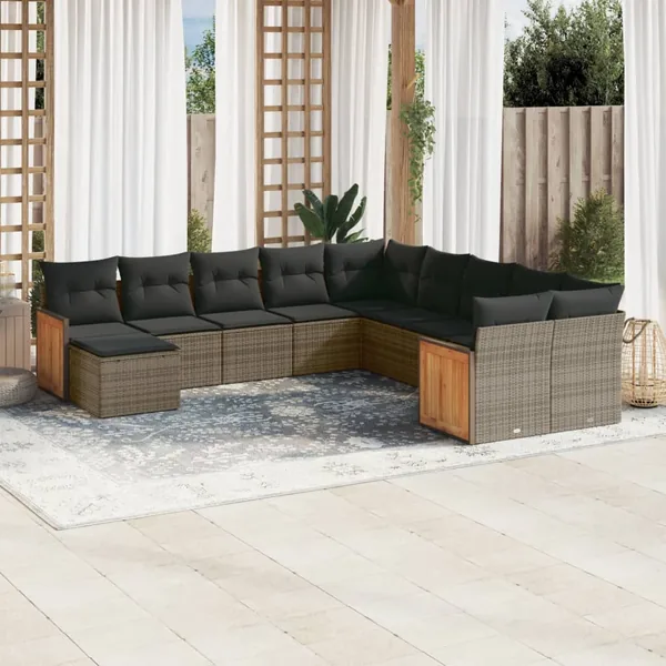 Salon de jardin 11 pcs avec coussins gris résine tressée