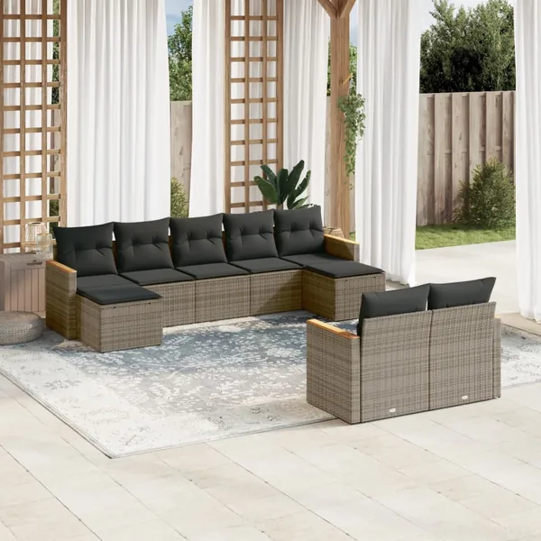 Salon de jardin 9 pcs avec coussins gris résine tressée