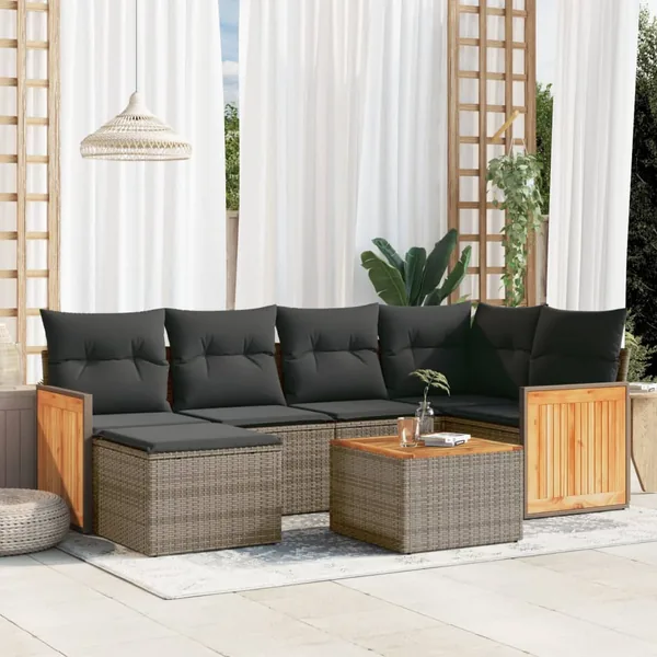 Salon de jardin avec coussins 7 pcs gris résine tressée