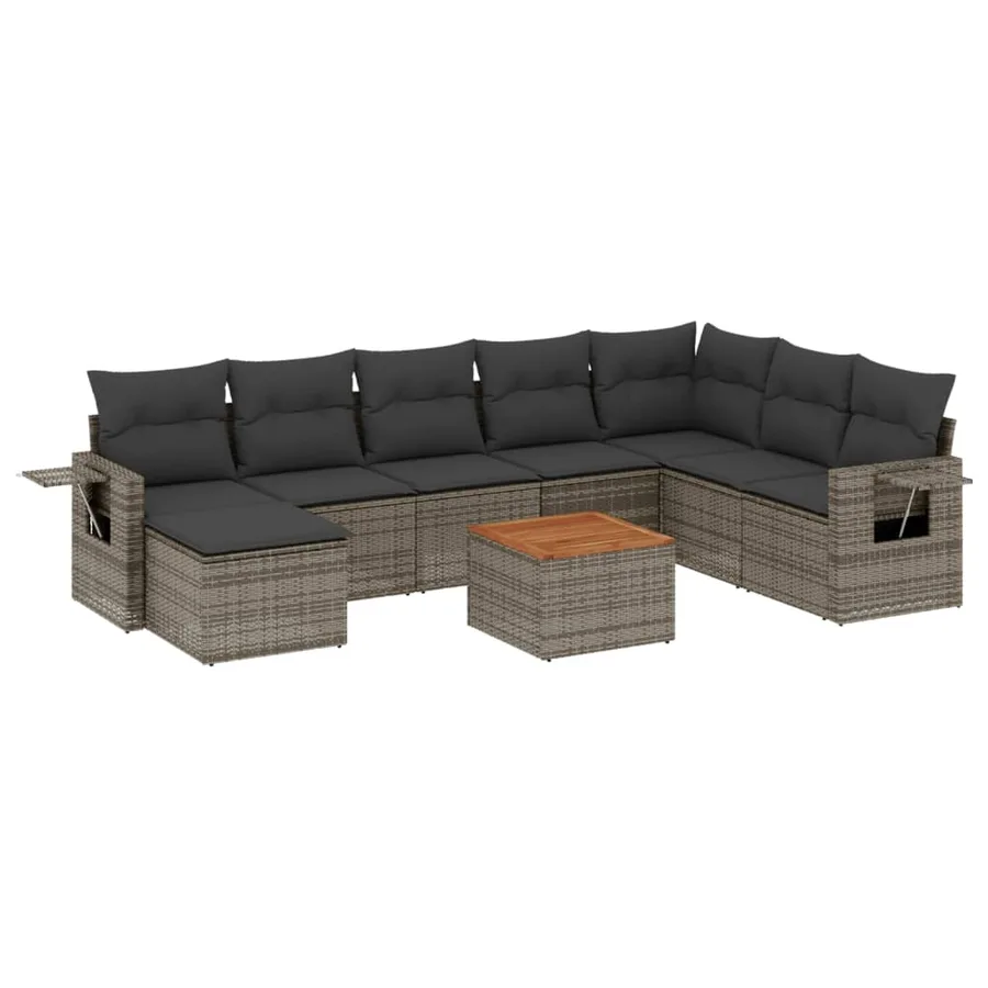 Salon de jardin 9 pcs avec coussins gris résine tressée - 2
