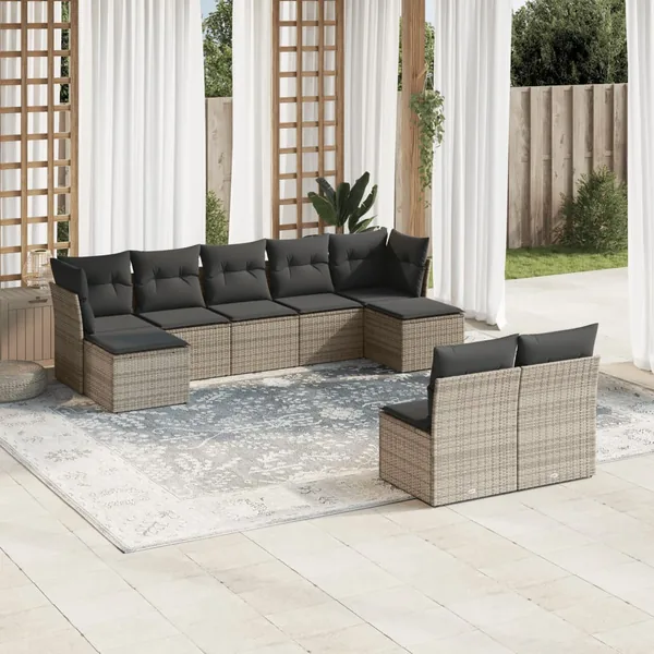 Salon de jardin 9 pcs avec coussins gris résine tressée