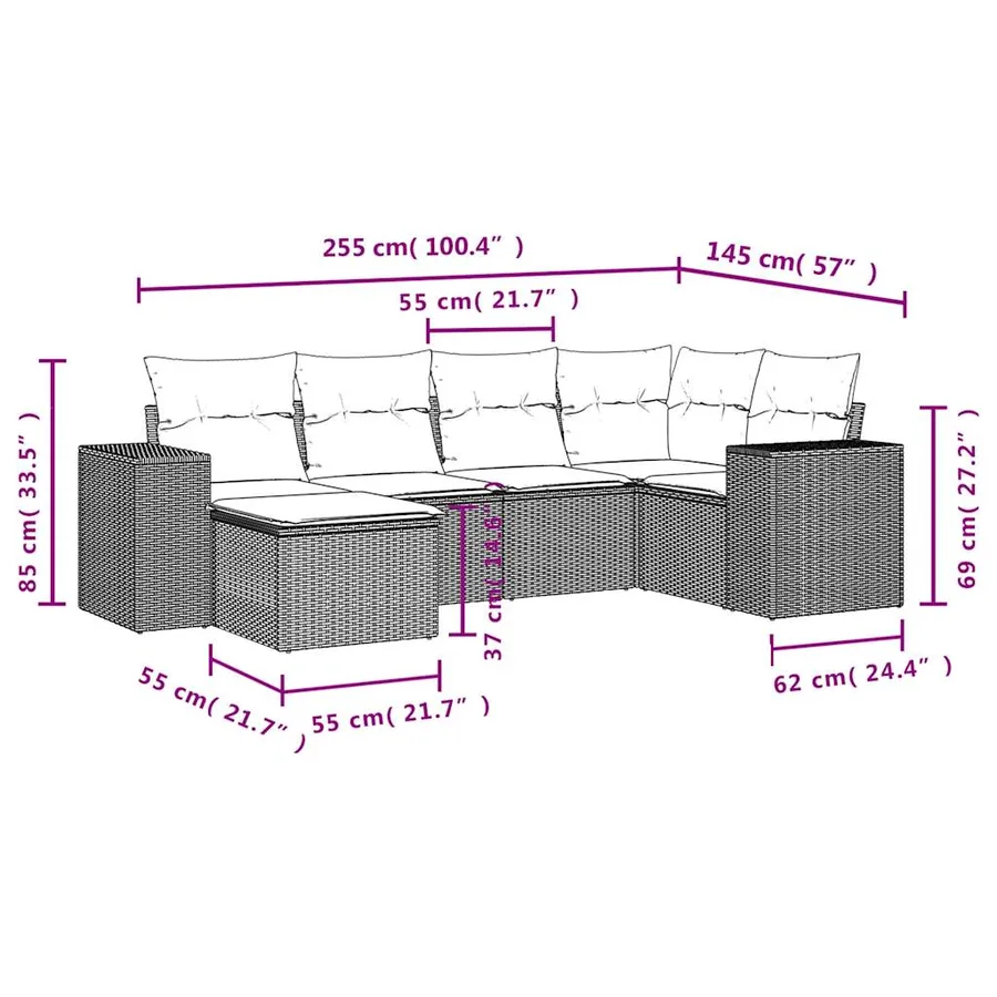 Salon de jardin 6 pcs avec coussins gris résine tressée - 8