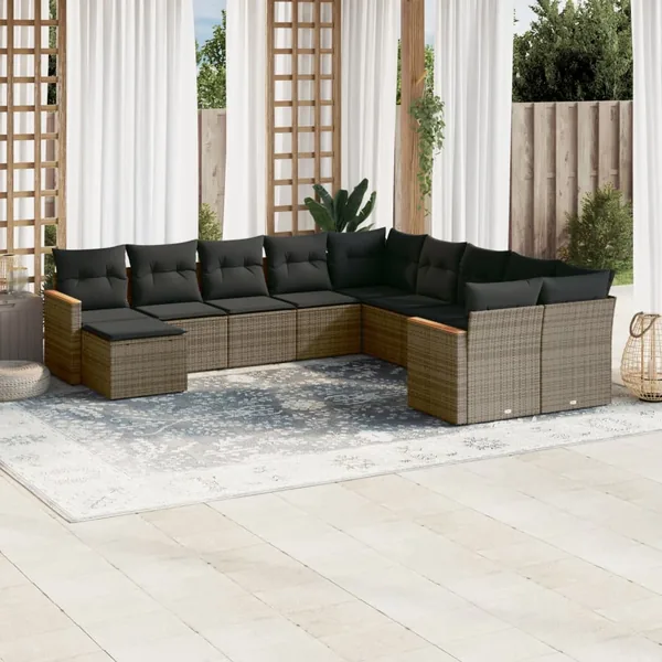 Salon de jardin 11 pcs avec coussins gris résine tressée