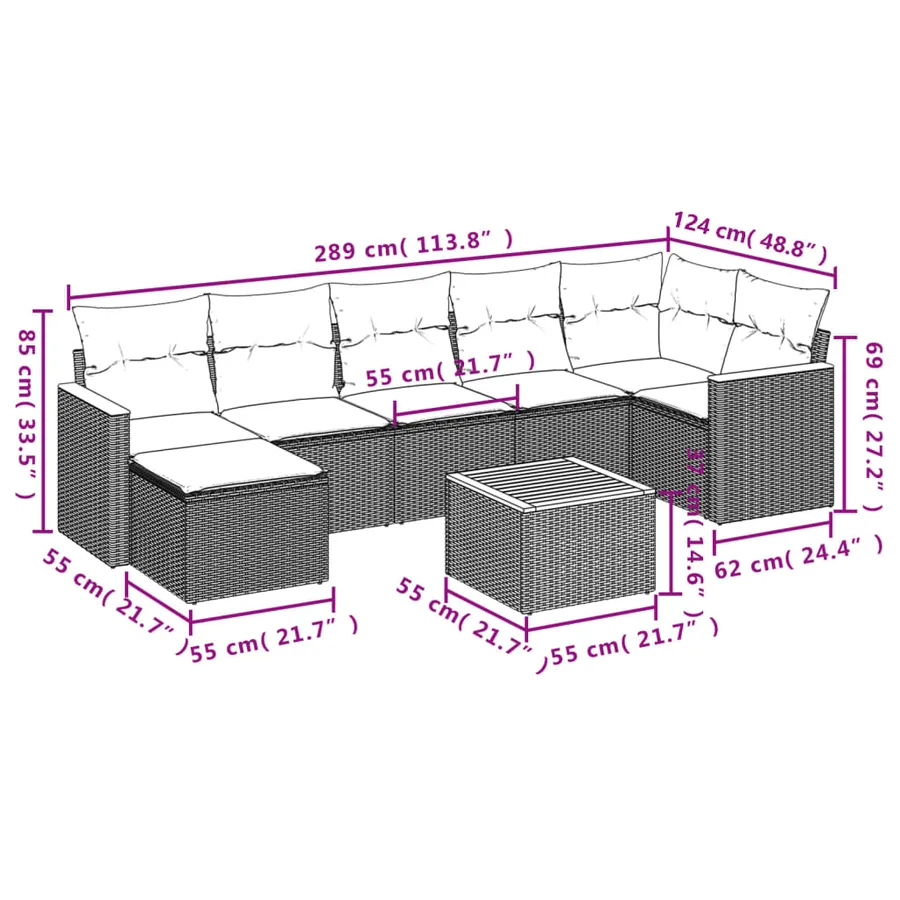 Salon de jardin 8 pcs avec coussins gris résine tressée - 9