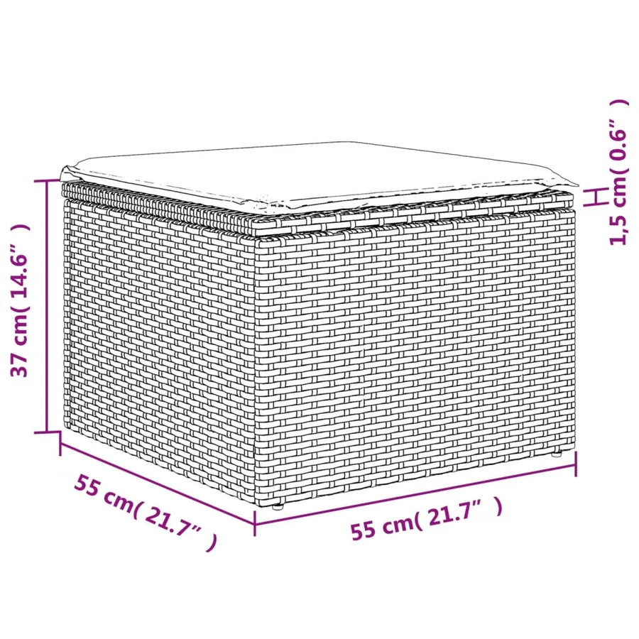 Tabouret de jardin avec coussin gris 55x55x37 cm résine tressée - 7
