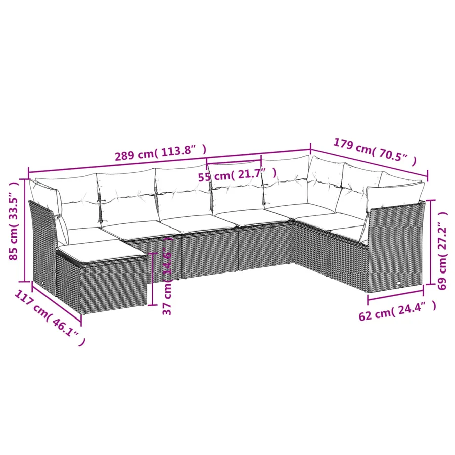 Salon de jardin 8 pcs avec coussins gris résine tressée - 3