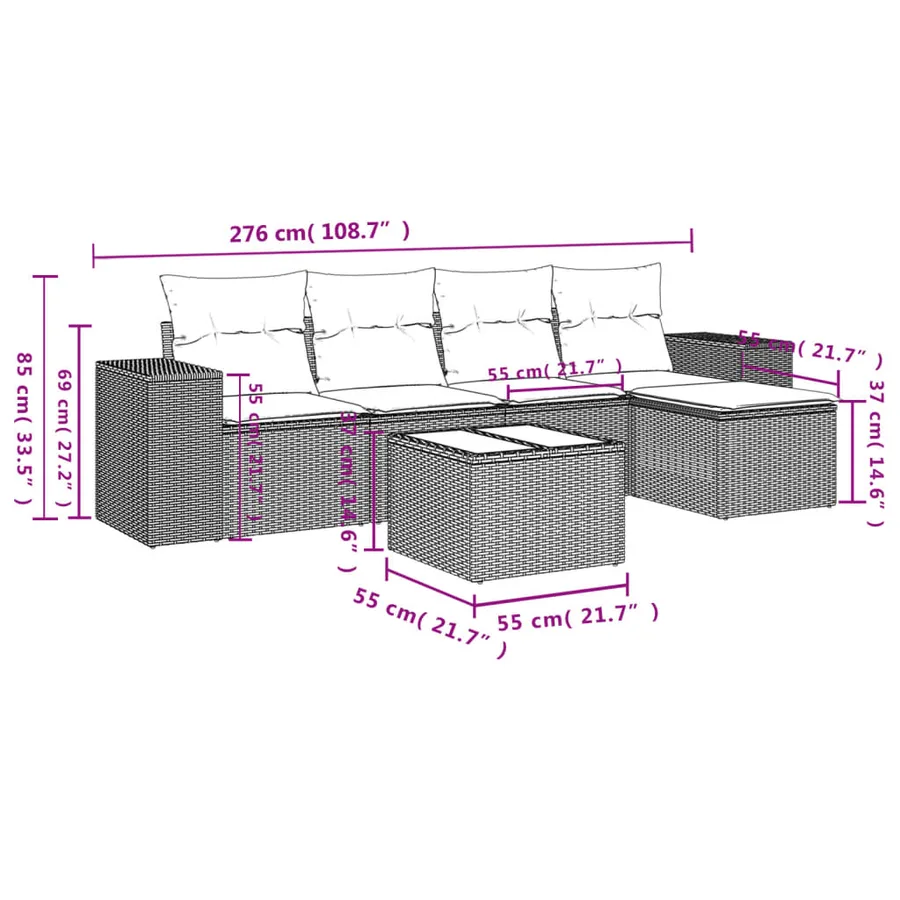 Salon de jardin 6 pcs avec coussins gris résine tressée - 8