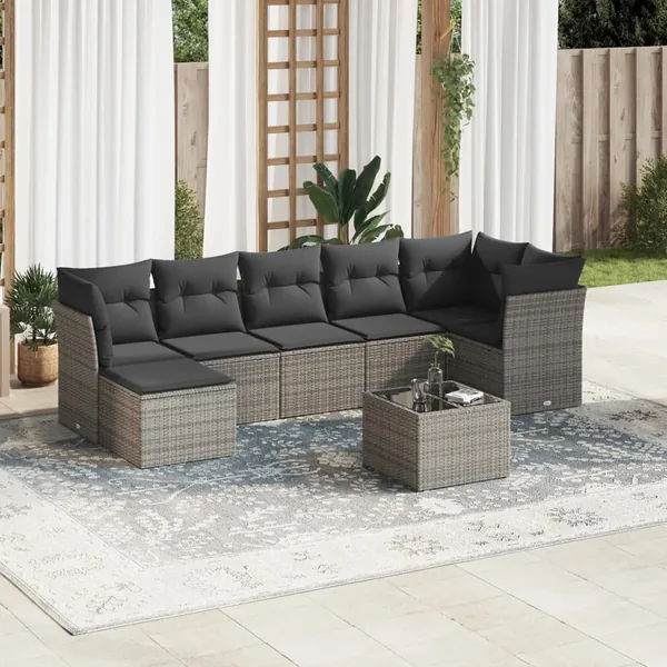Salon de jardin 8 pcs avec coussins gris résine tressée