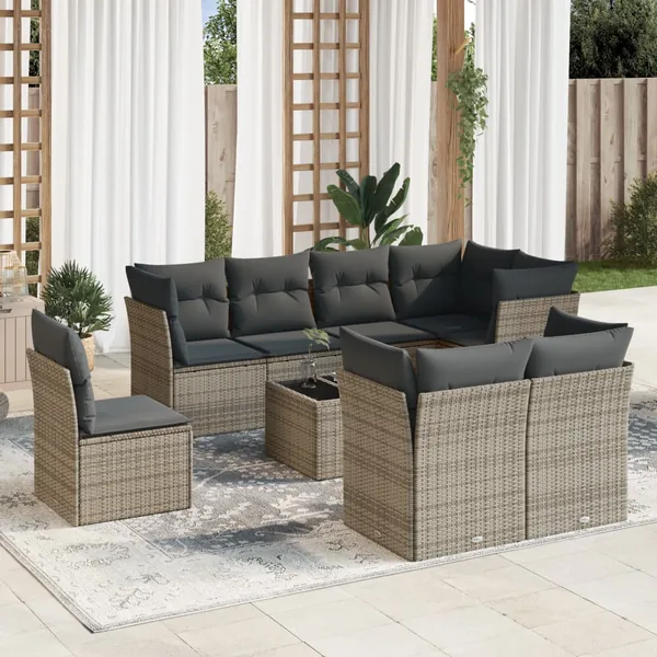 Salon de jardin 9 pcs avec coussins gris résine tressée