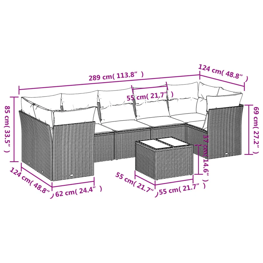 Salon de jardin 8 pcs avec coussins gris résine tressée - 3