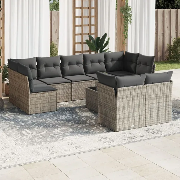 Salon de jardin avec coussins 10 pcs gris résine tressée