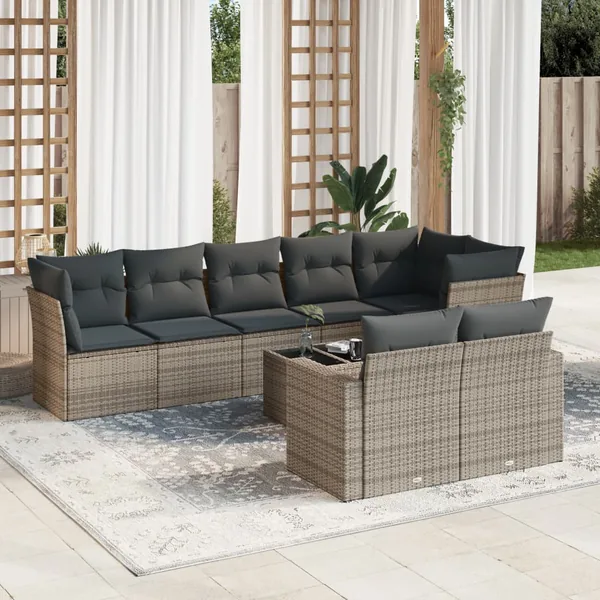 Salon de jardin 9 pcs avec coussins gris résine tressée