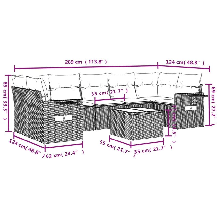 Salon de jardin 8 pcs avec coussins gris résine tressée - 9