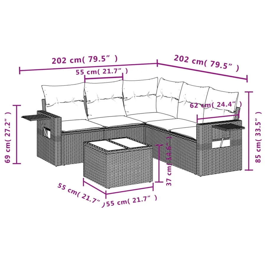 Salon de jardin 6 pcs avec coussins gris résine tressée - 9