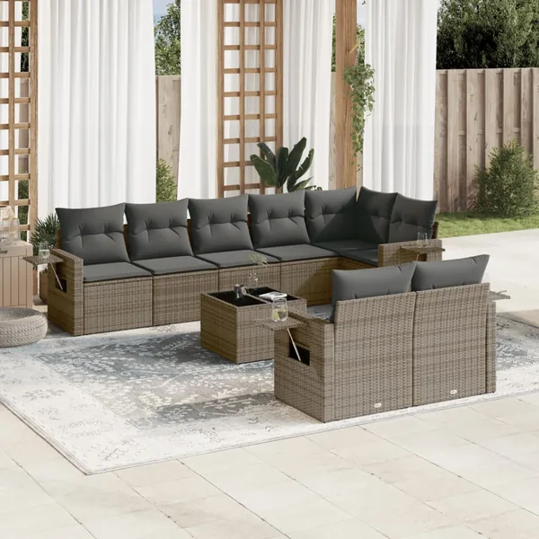 Salon de jardin 9 pcs avec coussins gris résine tressée