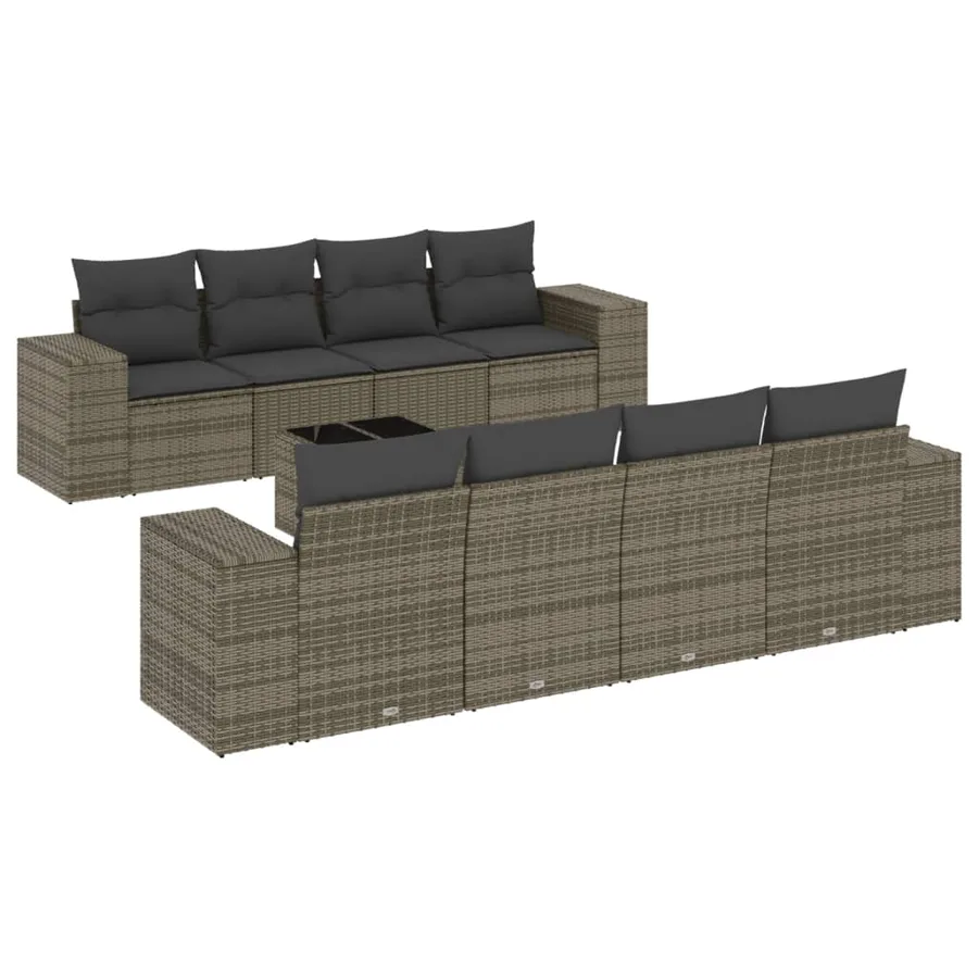 Salon de jardin 9 pcs avec coussins gris résine tressée - 2