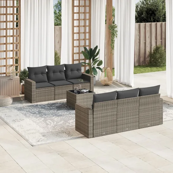 Salon de jardin avec coussins 7 pcs gris résine tressée