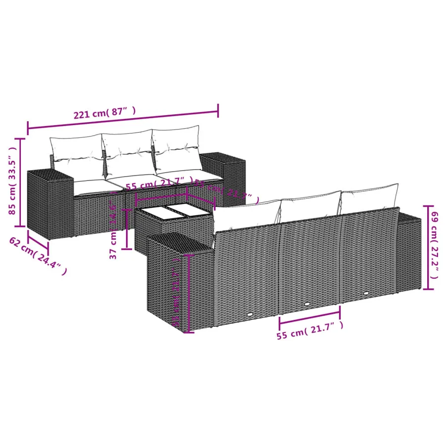 Salon de jardin avec coussins 7 pcs gris résine tressée - 7