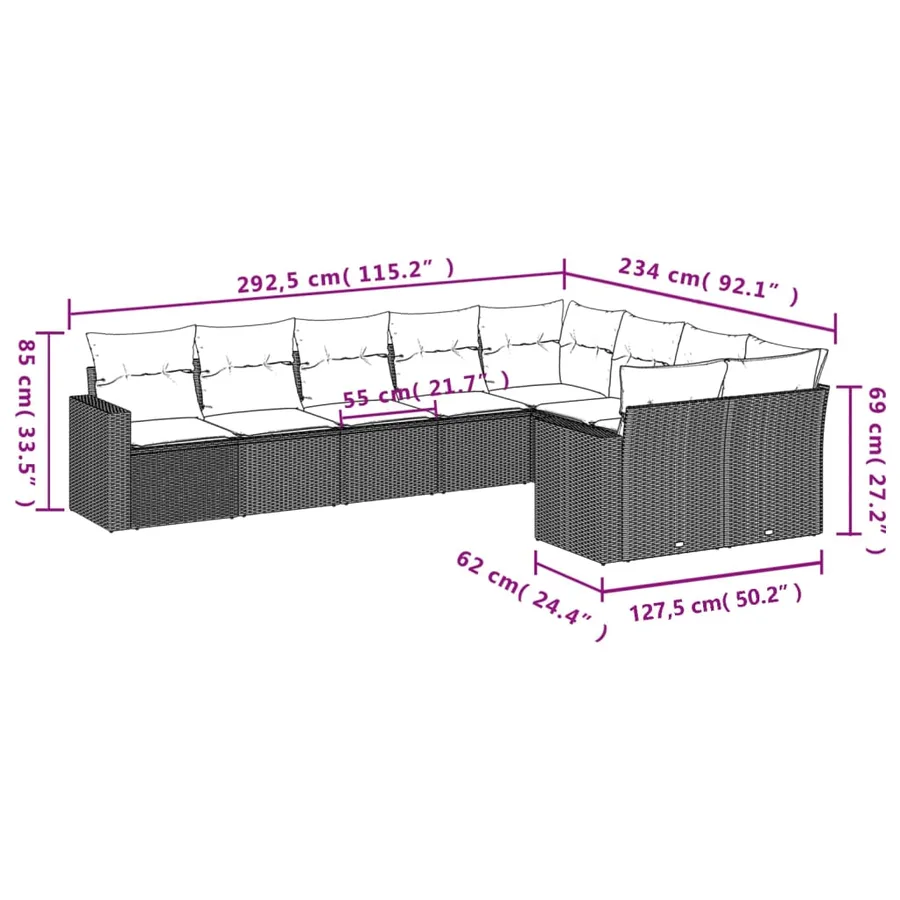 Salon de jardin avec coussins 9 pcs beige résine tressée - 3