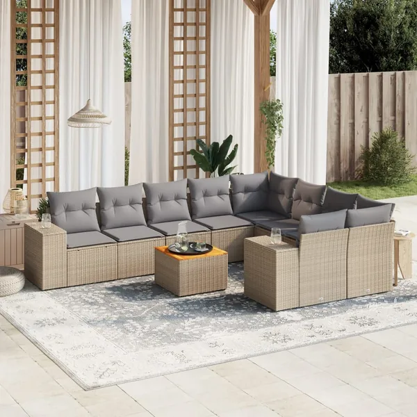 Salon de jardin avec coussins 10 pcs beige résine tressée