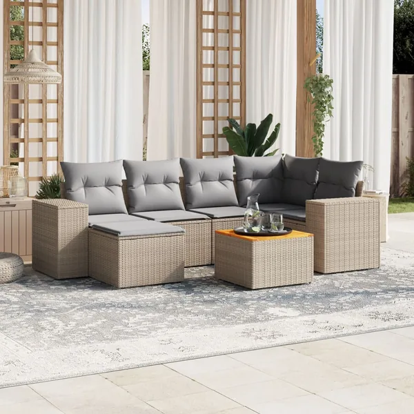 Salon de jardin avec coussins 7 pcs beige résine tressée