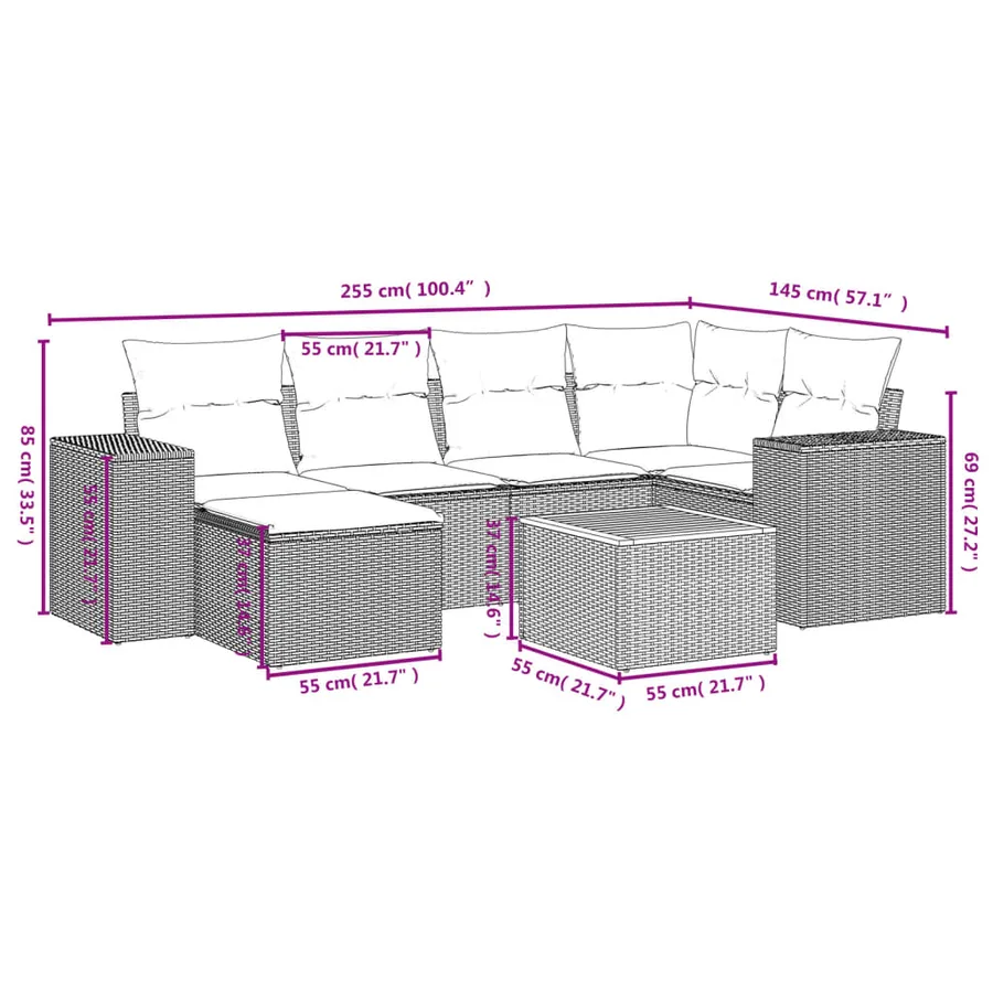 Salon de jardin avec coussins 7 pcs beige résine tressée - 3
