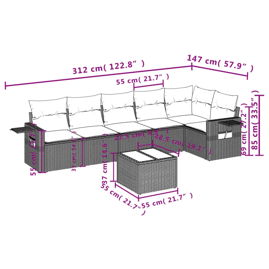 Salon de jardin avec coussins 7 pcs beige résine tressée - 3