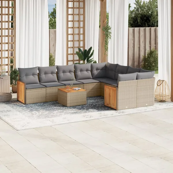 Salon de jardin avec coussins 10 pcs beige résine tressée