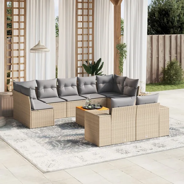 Salon de jardin avec coussins 10 pcs beige résine tressée