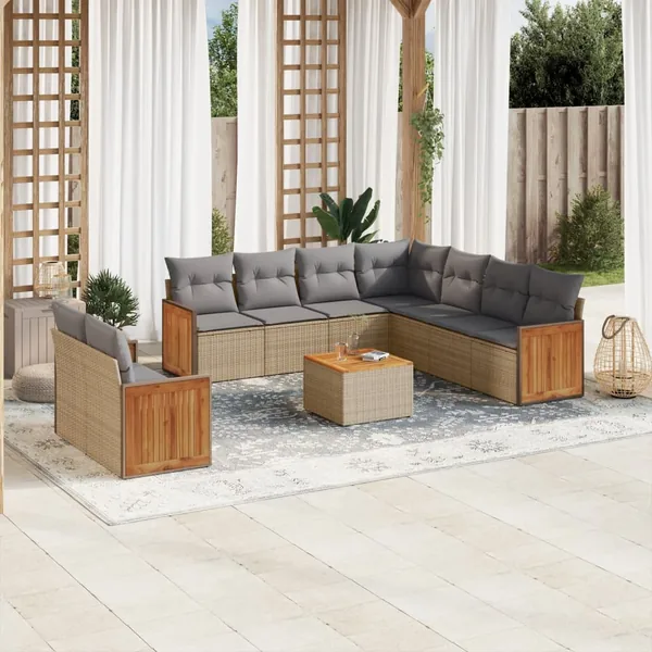Salon de jardin avec coussins 10 pcs beige résine tressée